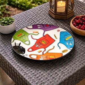 Clay Art Grill Time Hand Painted Ceramic Oval Serving Platter BBQ Aprons Multi